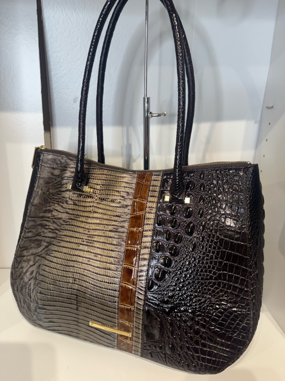 Brahmin Two-Tone Croc-Embossed Leather Tote - Black & Brown - Picture 2 of 4